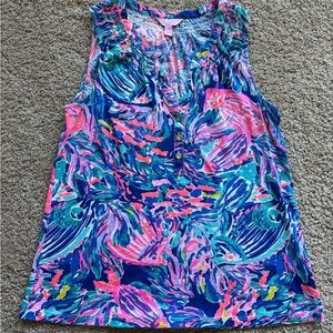Lilly Pulitzer Essie Tank Top “True Blue Seas the Day” Print Sleeveless Med EUC